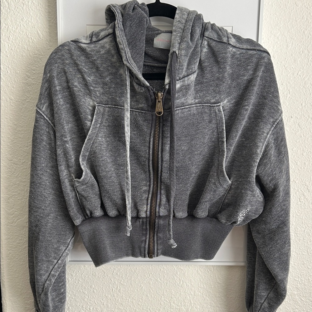 Free People Cropped Gray Zip-Up Hoodie Jacket